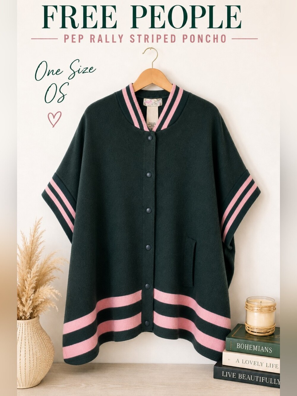Free People Pep Rally Striped Poncho OS Green Pink Oversized Snap Front Cape